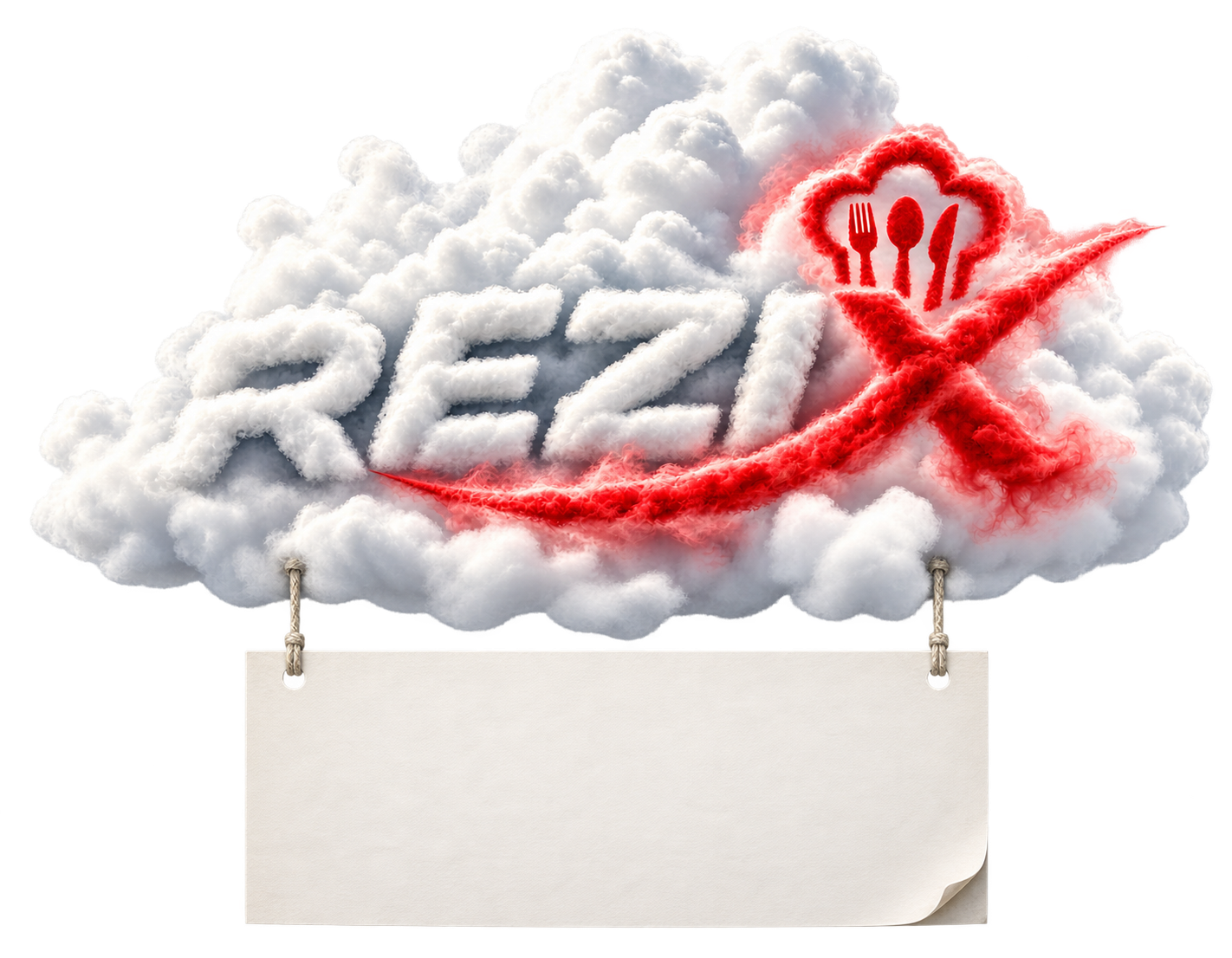 Rezix Gastro auf einer Wolke mit hängendem Notizblatt