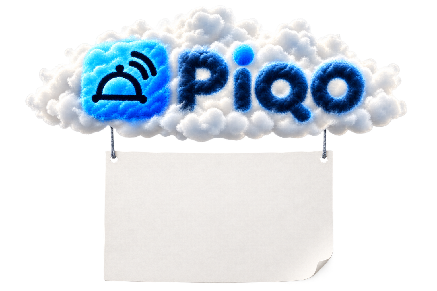 PiQo auf einer Wolke mit hängendem Notizblatt